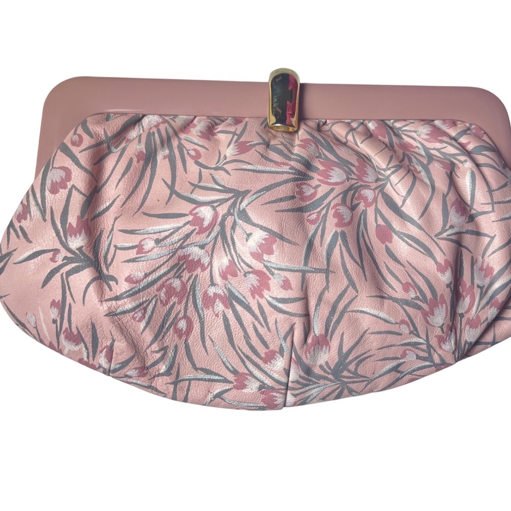 Vtg Mauve Floral Leather Clutch‎ Purse acrylic frame Gold Latch Hong Kong 80s